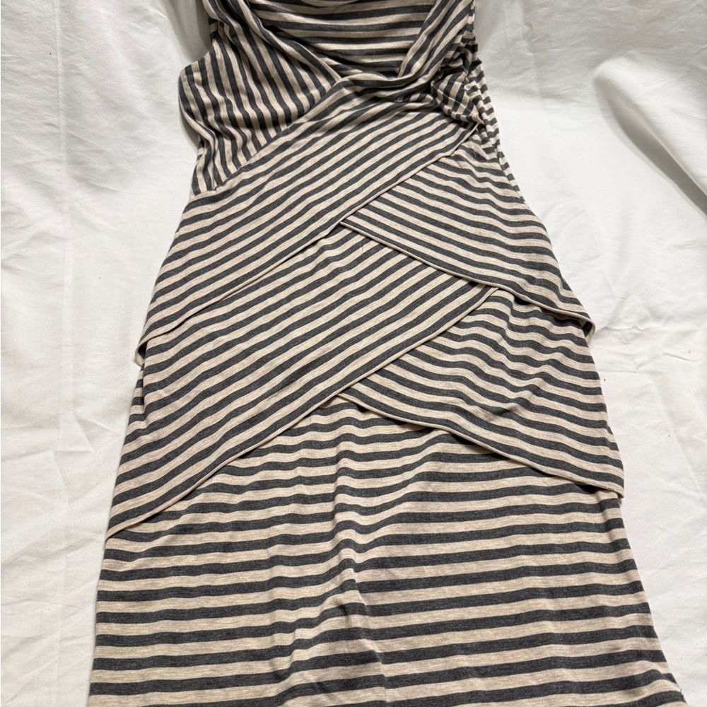 Ellen Tracy Striped Maxi Dress in Beige and Charcoal